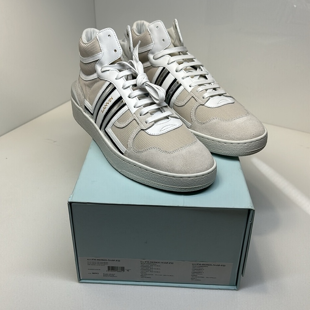 LANVIN men’s clay leather and mesh high top sneakers / size 8.5 US or 42 Europe - Picture 2 of 12